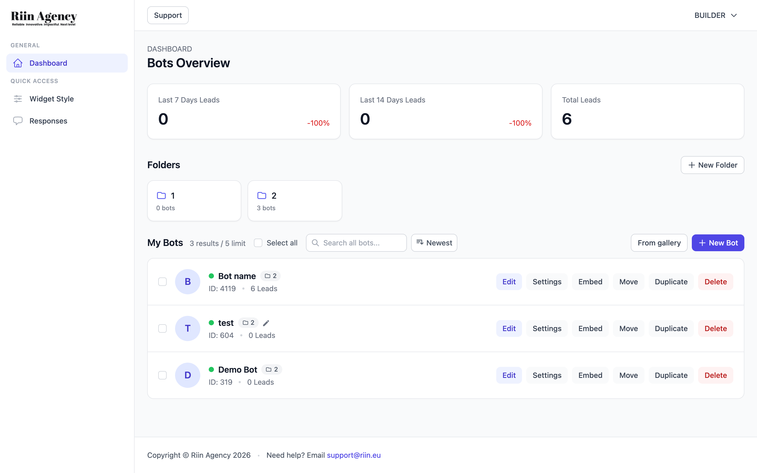 Dashboard with your bots listed
