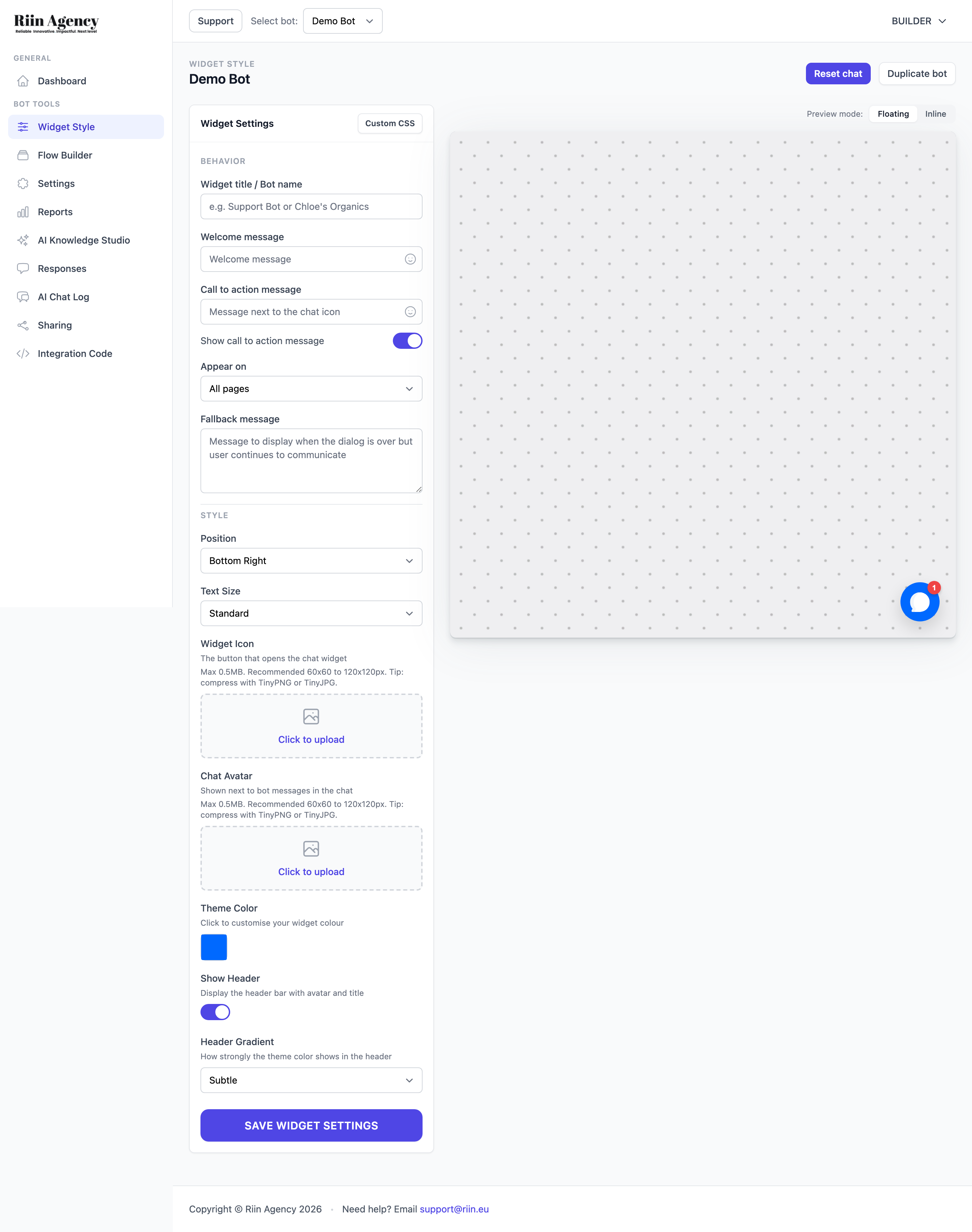 Widget Style settings page with live preview on the right