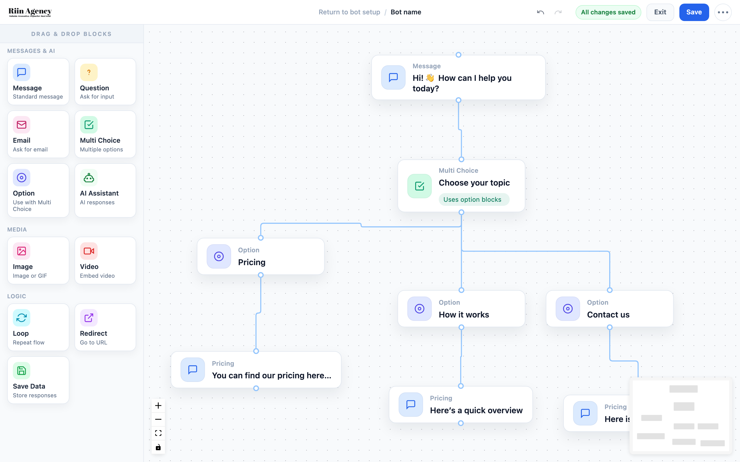 Flow Builder canvas with blocks panel on the left