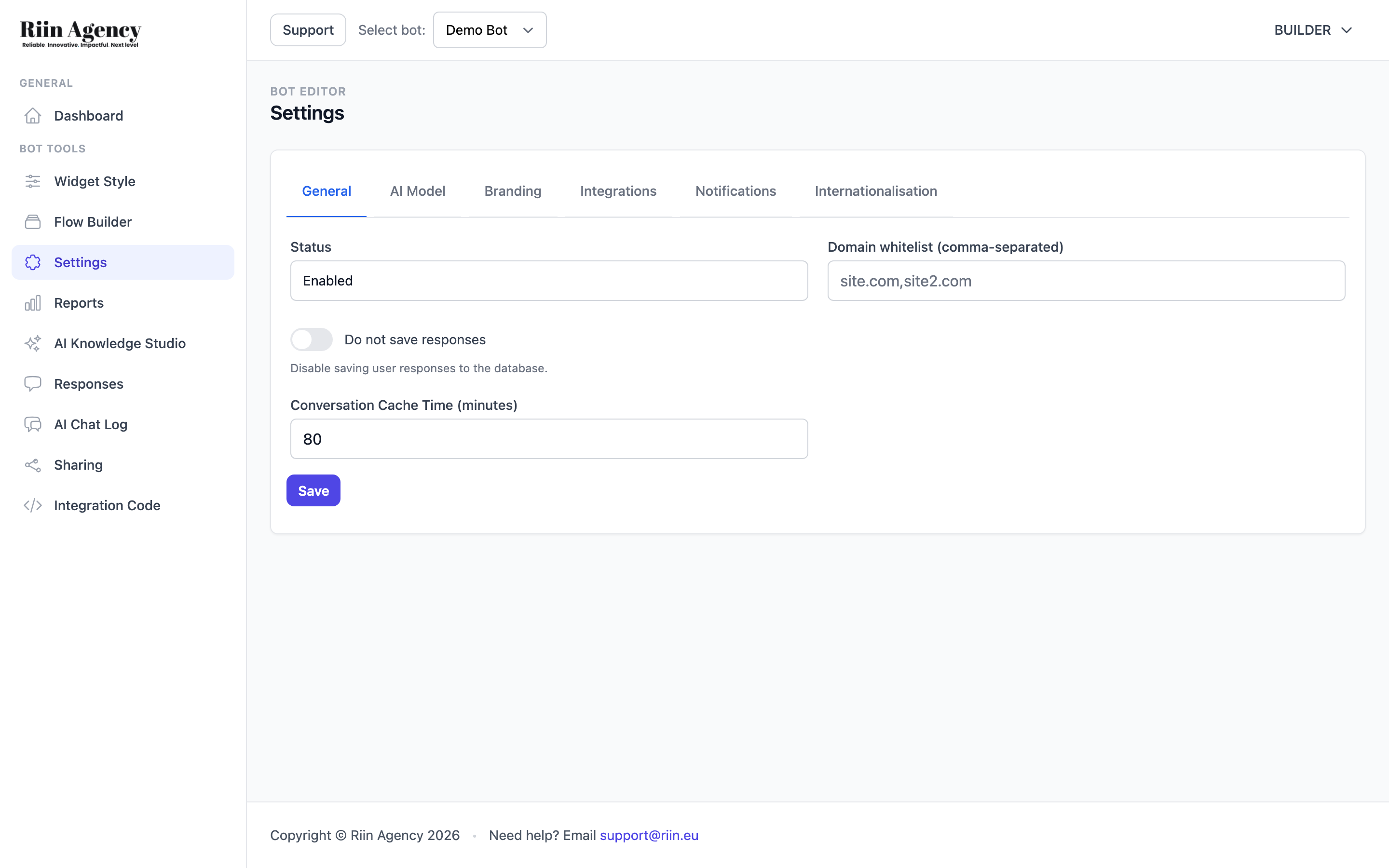 General settings tab with Status and Domain whitelist