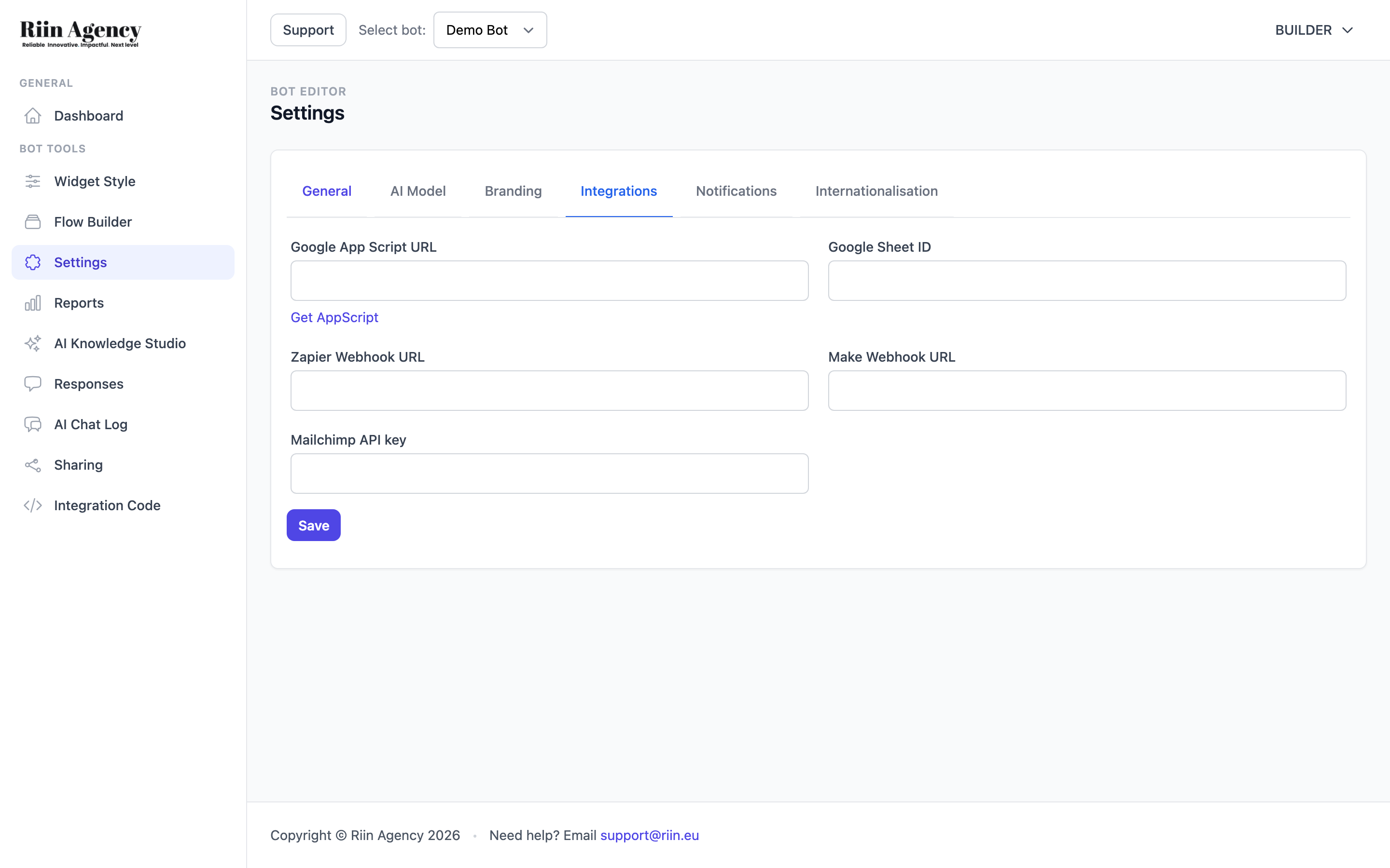 Integrations tab in Bot Settings