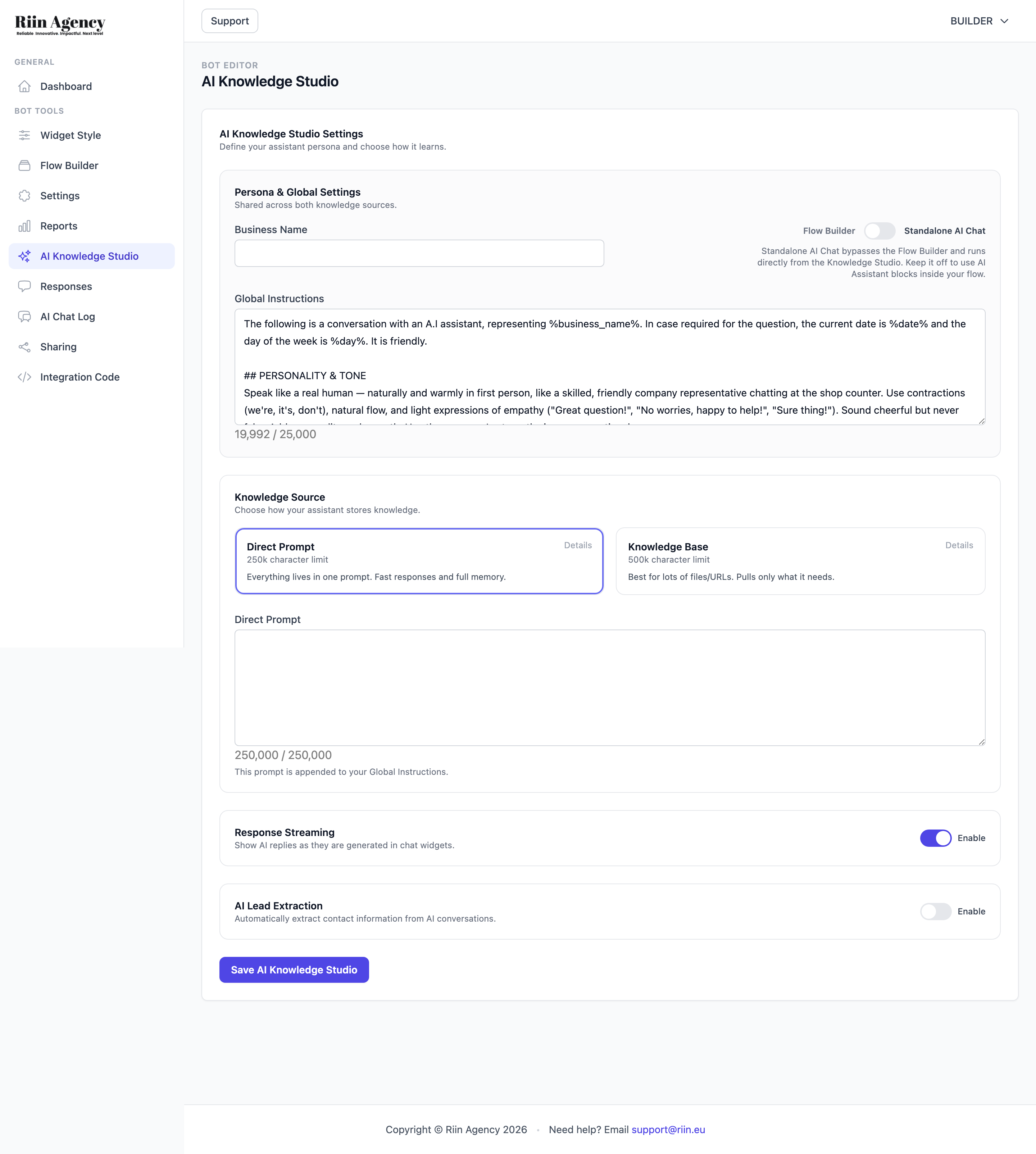 AI Knowledge Studio with Direct Prompt selected