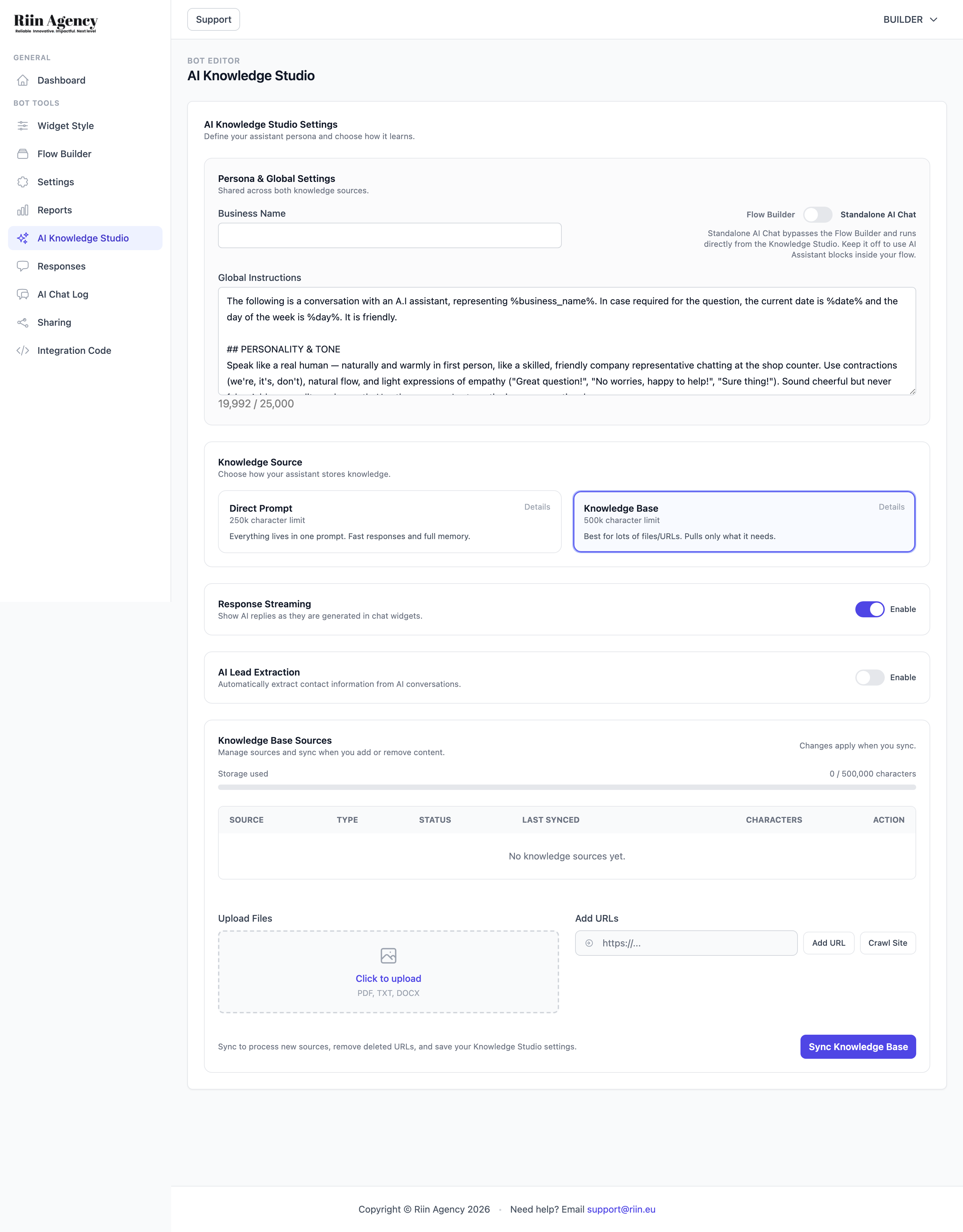 Knowledge Base mode with upload and URL crawl options