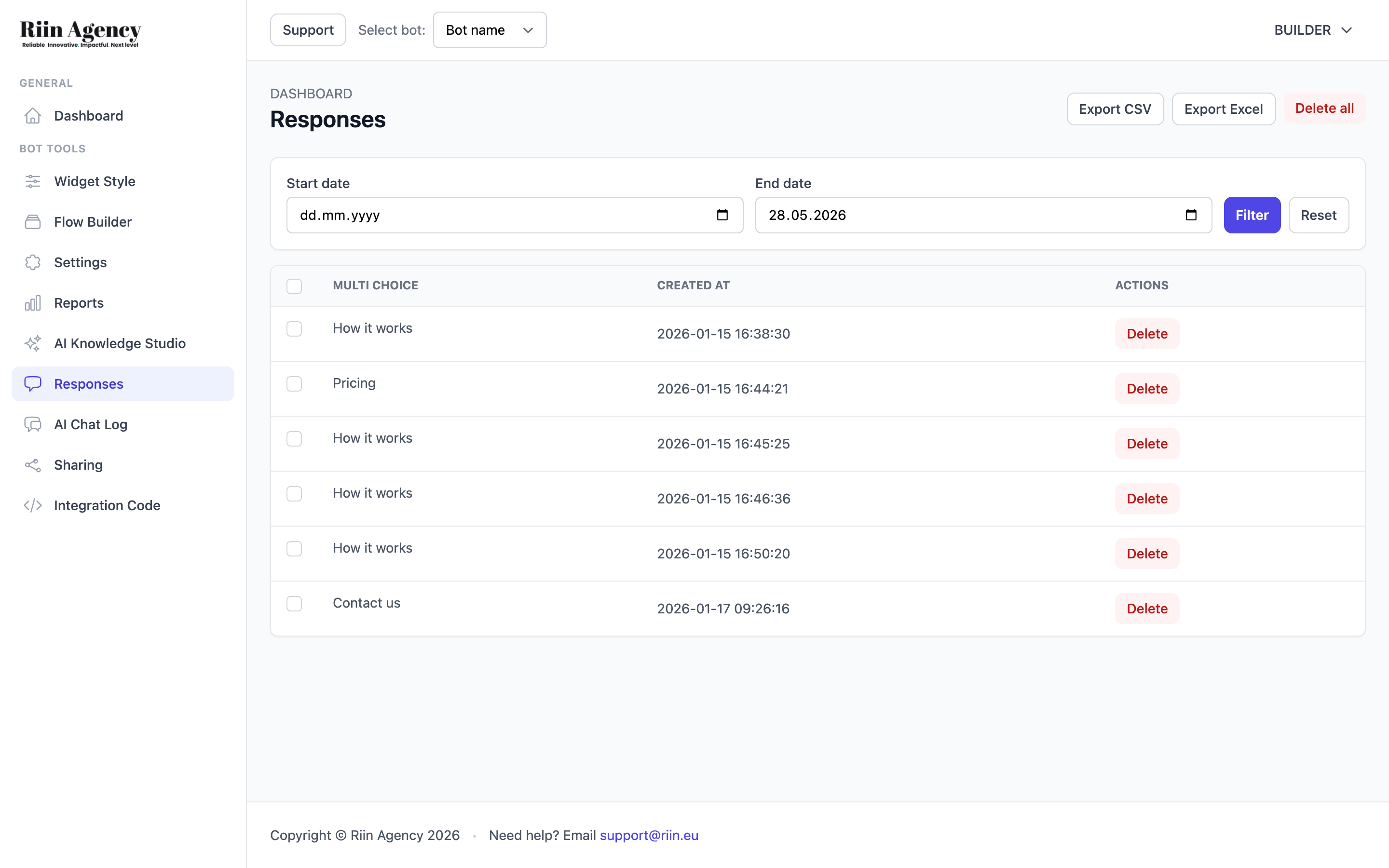 Responses page with leads table and export buttons