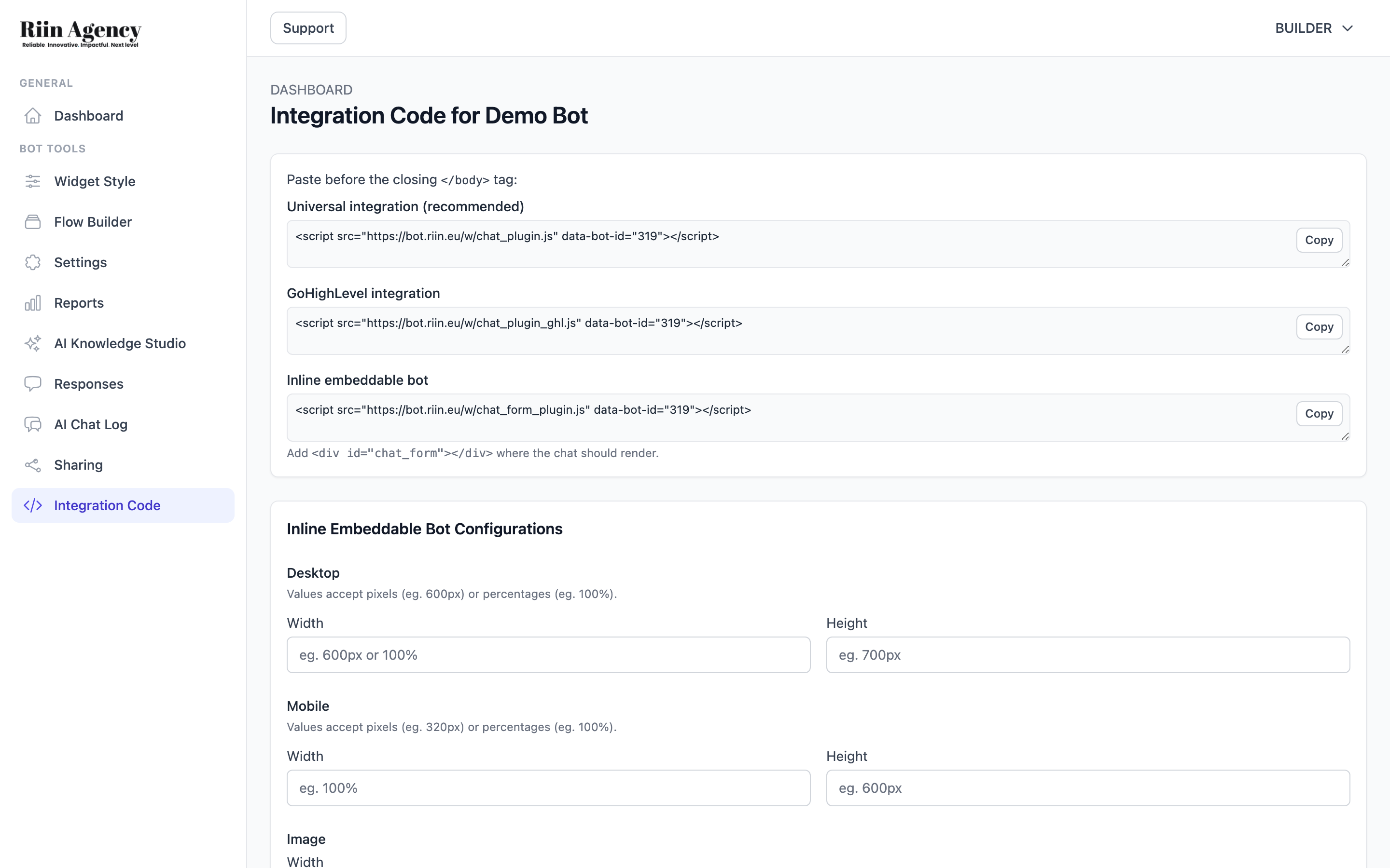 Integration Code page with three snippets to copy
