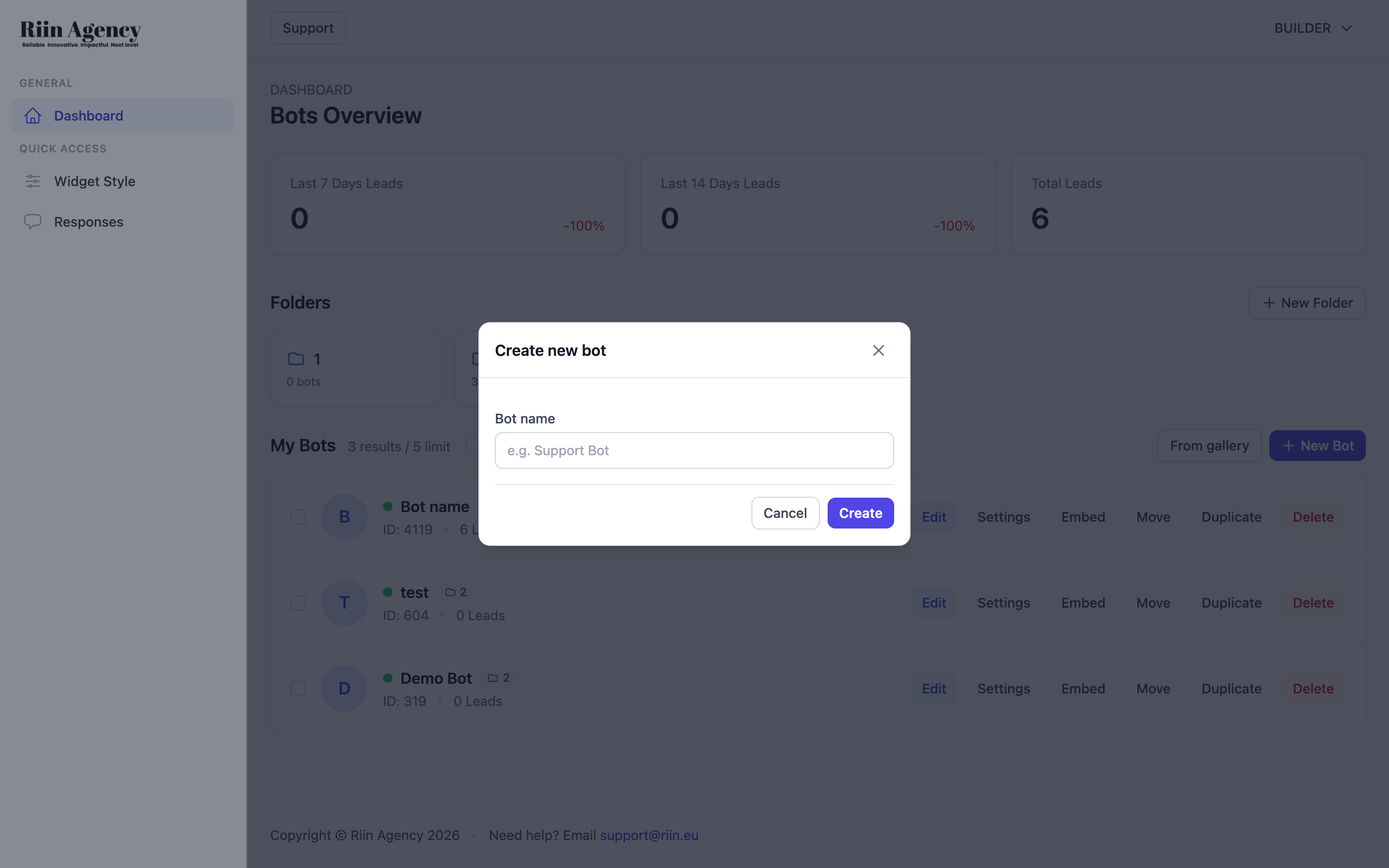 Create new bot dialog with name field and Create button