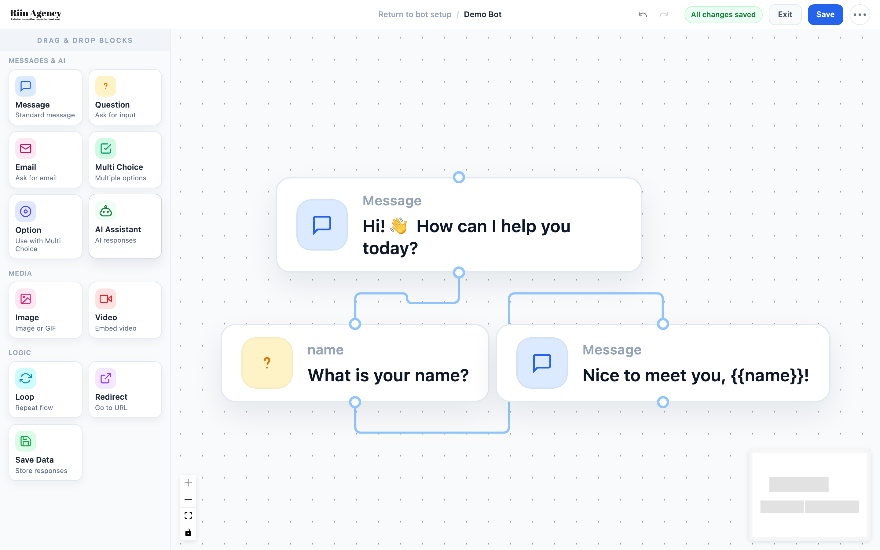 Flow Builder with a simple three-block flow