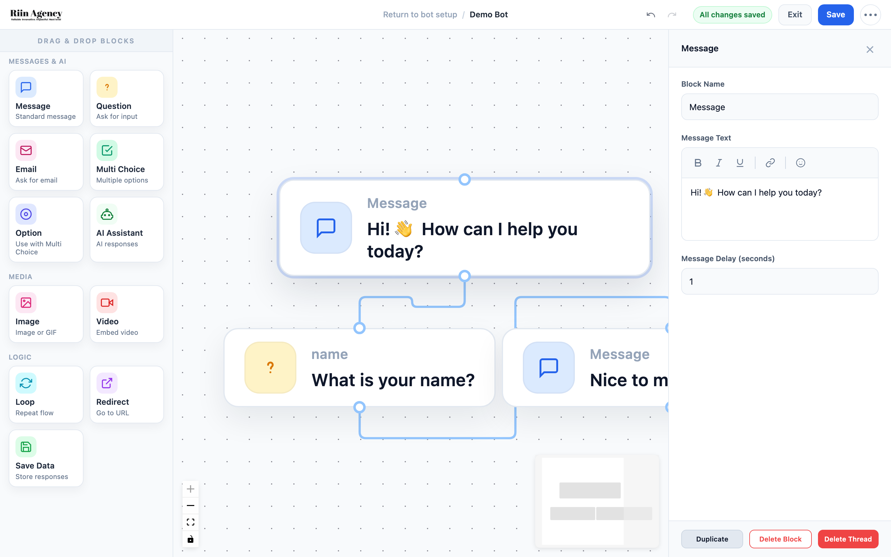 Message block editor with greeting text
