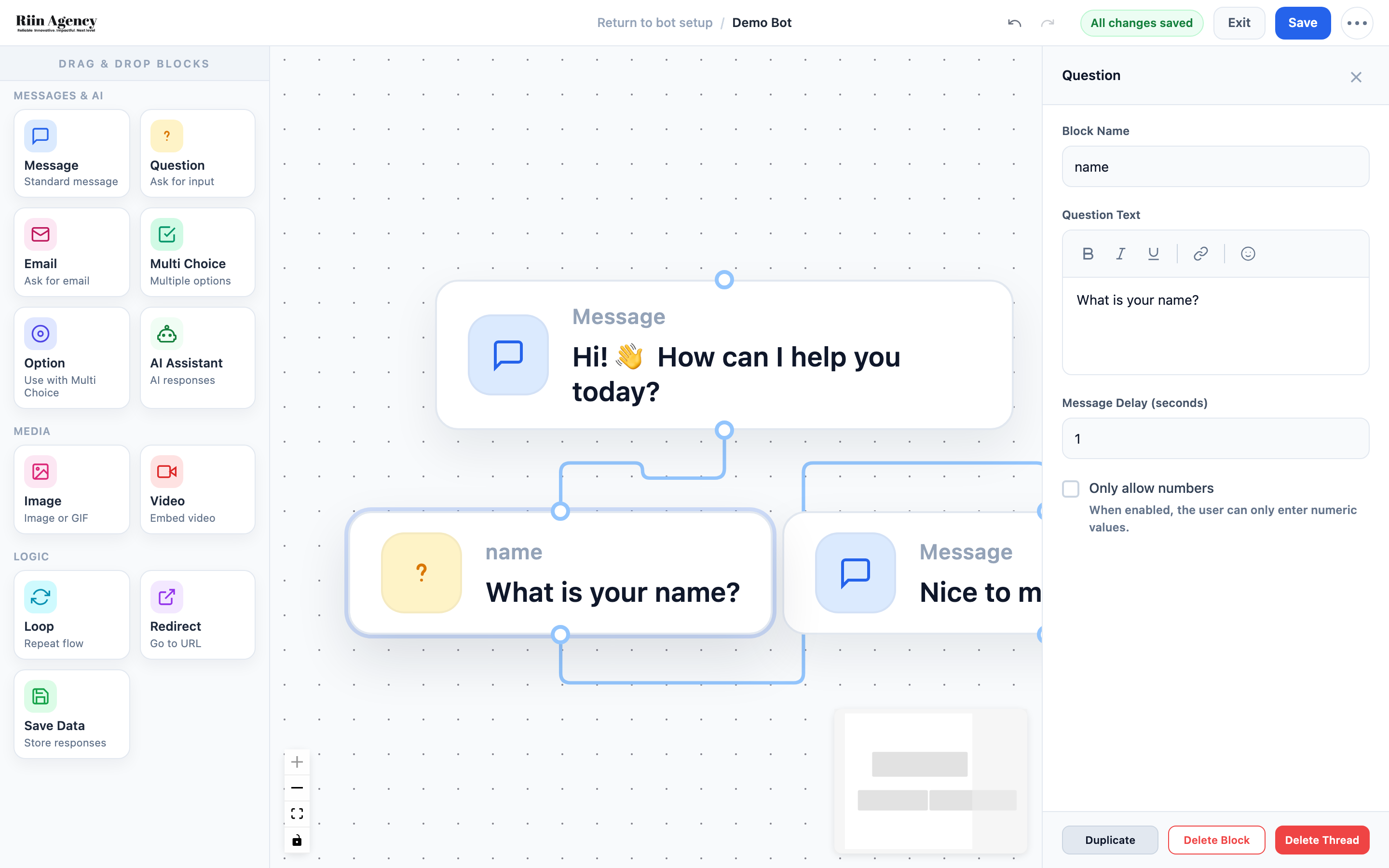 Question block editor with Block Name set to name