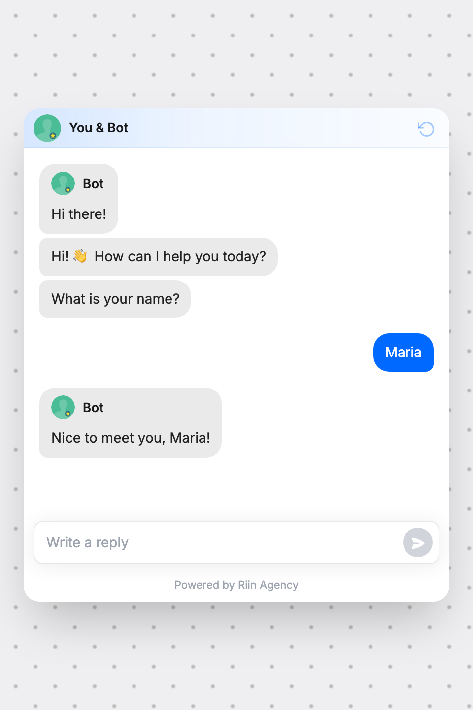 Preview conversation showing the bot using the visitor's name